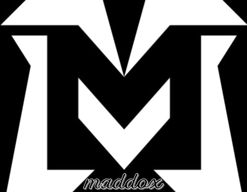 Black and white geometric design with 'maddox' branding